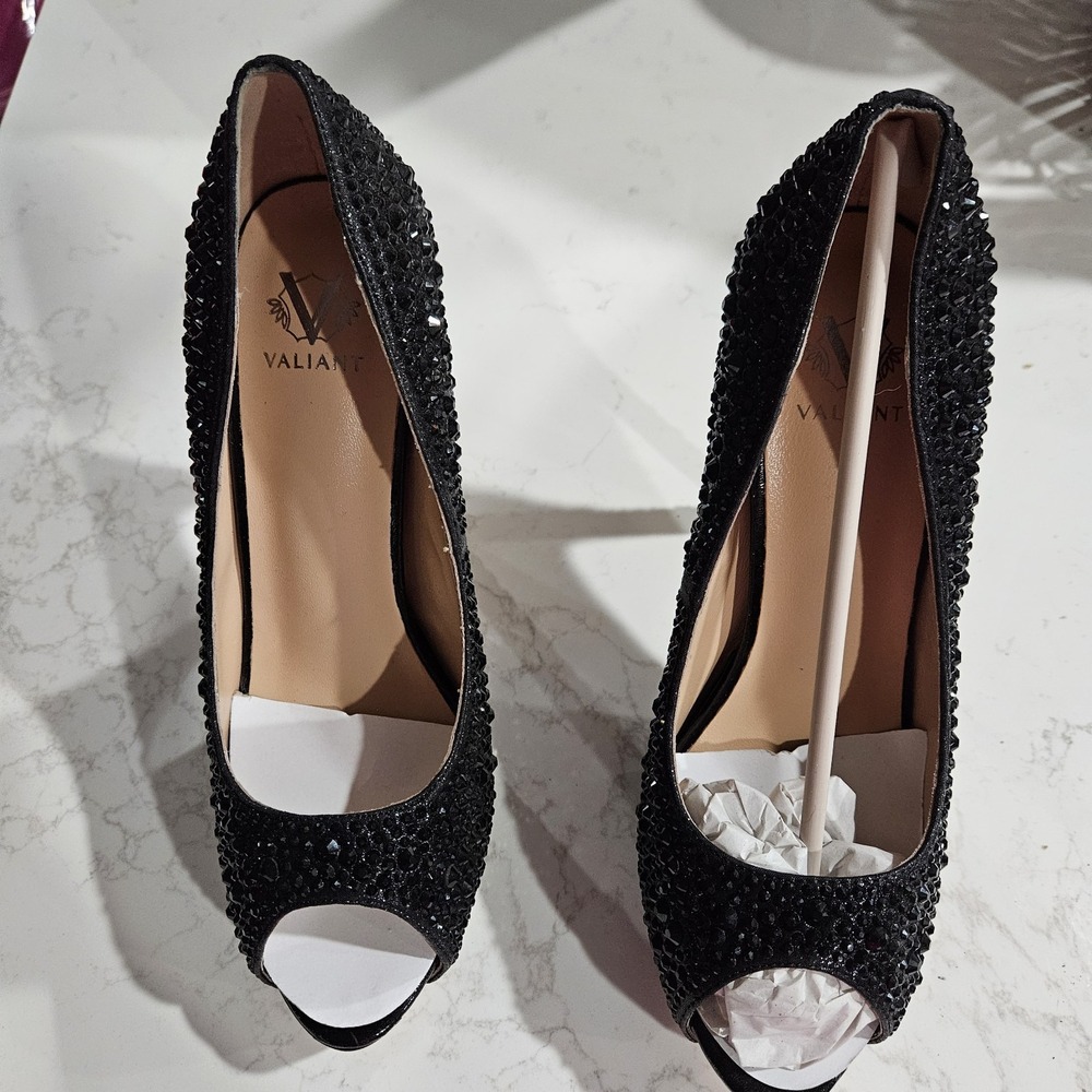 VALIANT Women's Black Peep Toe Stiletto Pumps Slip-On Rhinestone 8.5
